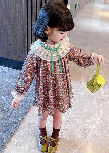 Ruffled Print Cotton Mid Dress Long Sleeve