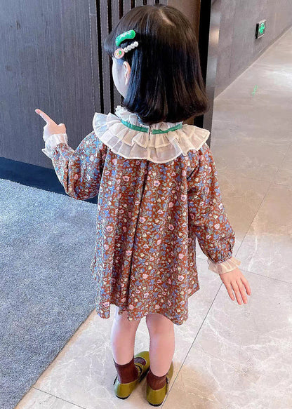 Ruffled Print Cotton Mid Dress Long Sleeve