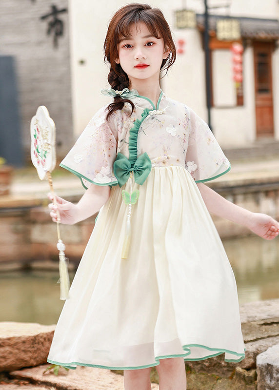 Stand Collar Ruffled Patchwork Bow Tulle Kids Long Dress Short Sleeve
