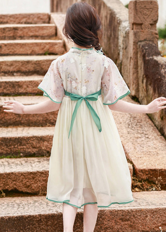 Stand Collar Ruffled Patchwork Bow Tulle Kids Long Dress Short Sleeve