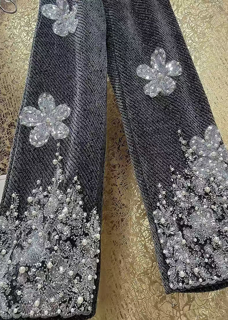 Sequin Flower Bead Embroidery Woolen Straight Leg Pants Winter