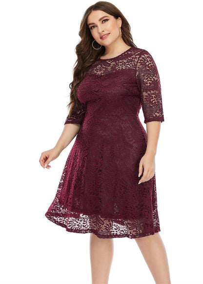 Maroon O-neck Lace Mid Dress Half Sleeve