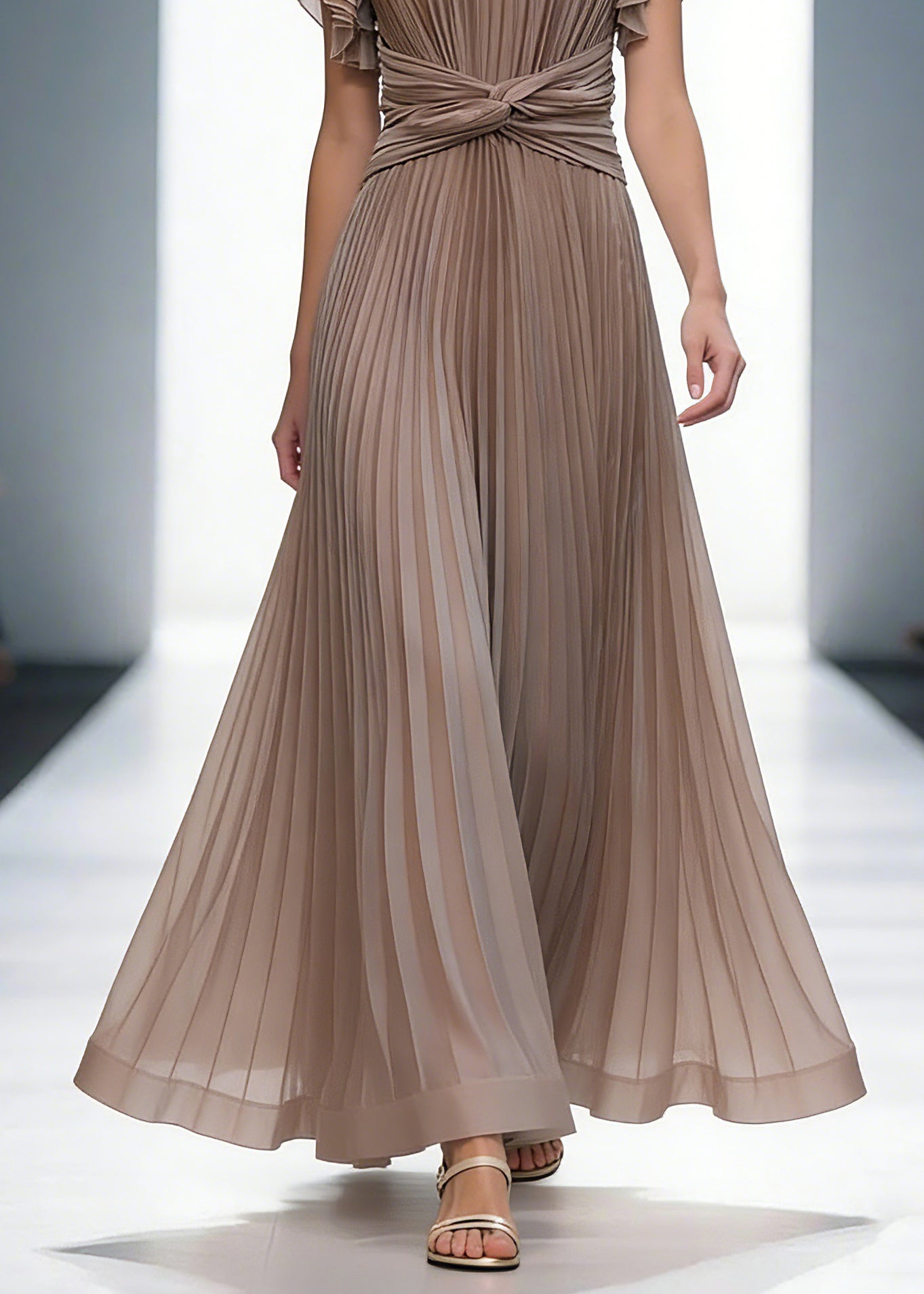 Mocha Queen Pleated Ruffle Sleeve Cross Waist Maxi Dress
