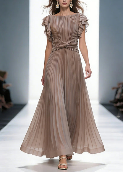 Mocha Queen Pleated Ruffle Sleeve Cross Waist Maxi Dress