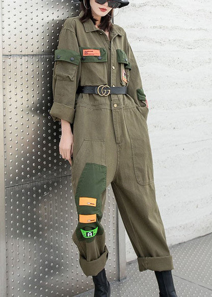 Modern Army Green Peter Pan Collar Pockets Button Fall Denim Top Long Sleeve