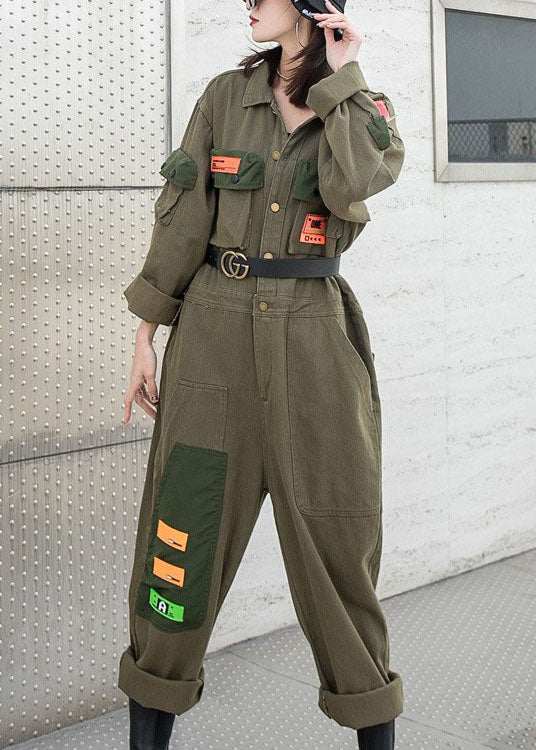 Modern Army Green Peter Pan Collar Pockets Button Fall Denim Top Long Sleeve