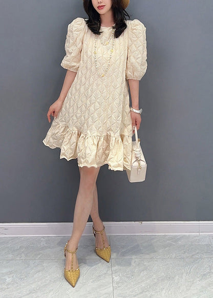 Modern Beige O-neck Plaid Mid Dress Summer