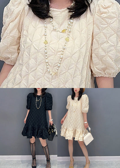 Modern Beige O-neck Plaid Mid Dress Summer