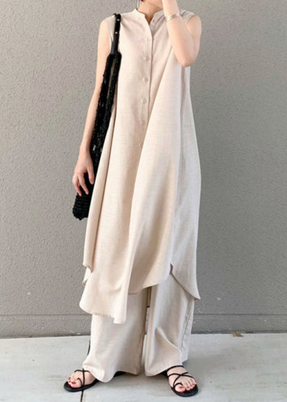 Modern Beige Stand Collar Patchwork Linen Dresses Sleeveless