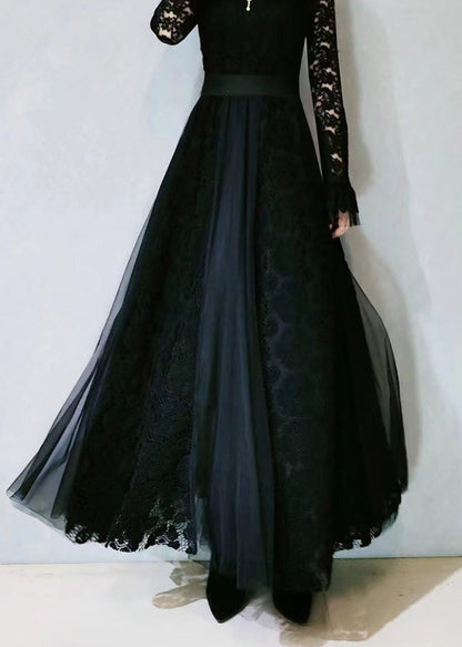 Modern Black High Waist Lace Patchwork Tulle a Line Skirt Spring
