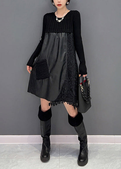 Modern Black O-neck Embroideried Knit Patchwork Faux Leather Mid Dress Winter