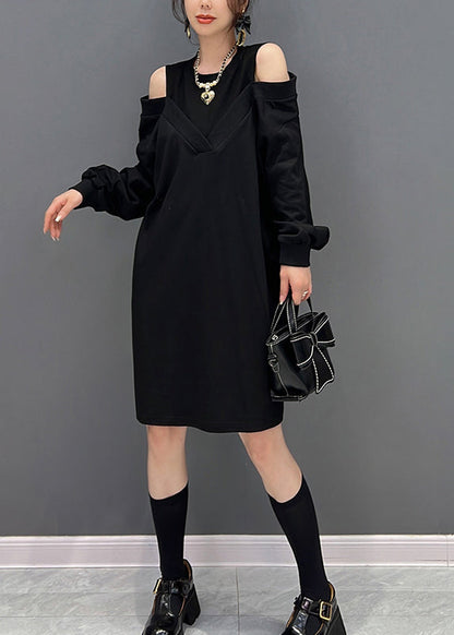 Modern Black O-neck Fake Two Pieces Knit Mid Dresses Fall