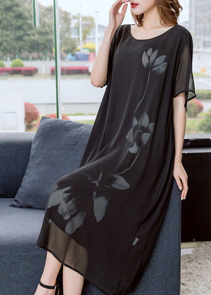Modern Black O-neck Print Draping Chiffon Dresses Short Sleeve