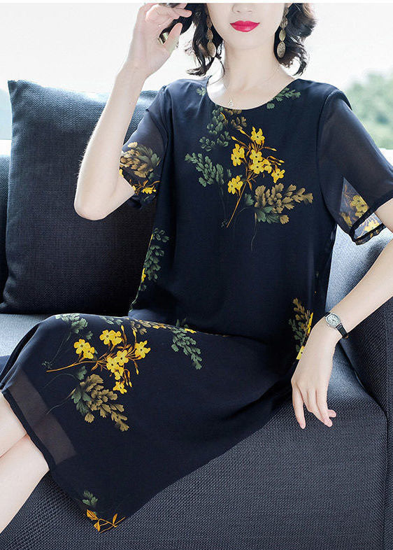Modern Black O-neck Print Draping Chiffon Maxi Dresses Summer