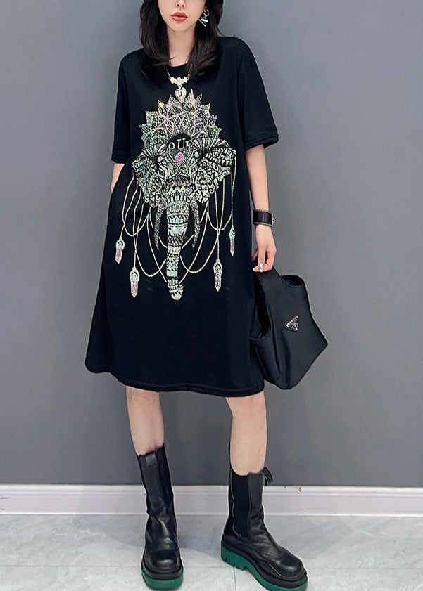 Modern Black O-neck Print Long Dress Short Sleeve