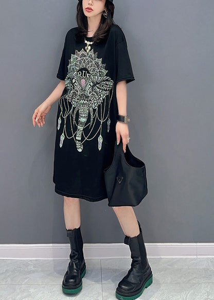 Modern Black O-neck Print Long Dress Short Sleeve