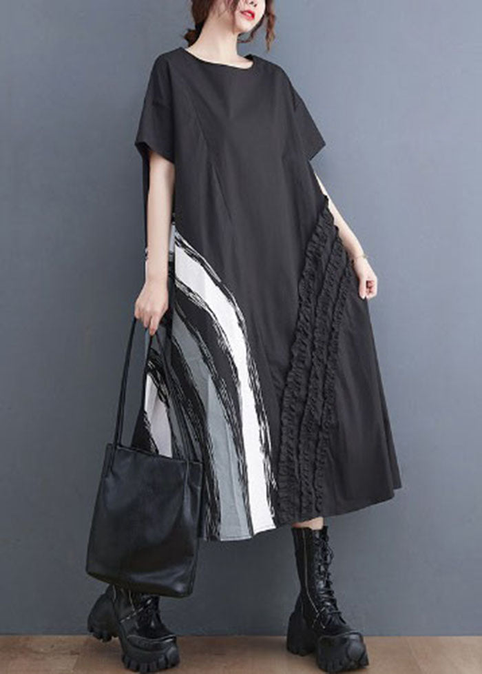 Modern Black O-neck Ruffled Print Cotton a Line Dress Short Sleeve