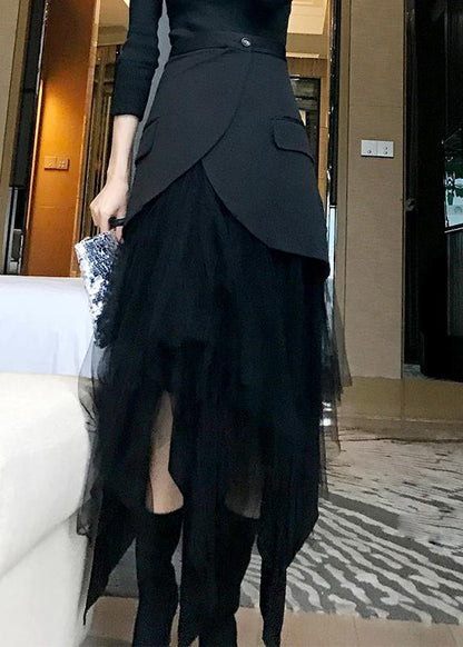 Modern Black Patchwork Tulle Summer High Waist Skirt