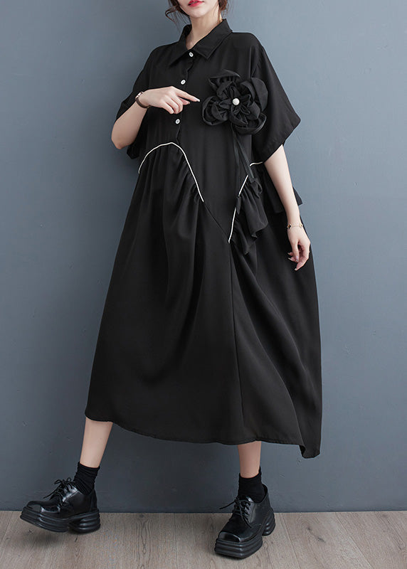 Modern Black Peter Pan Collar Patchwork Button Party Maxi Dress Short Sleeve