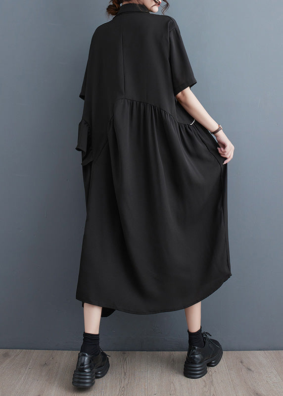 Modern Black Peter Pan Collar Patchwork Button Party Maxi Dress Short Sleeve