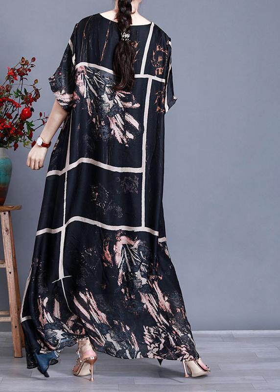 Modern Black Print Satin Maxi Dress Patchwork Caftan