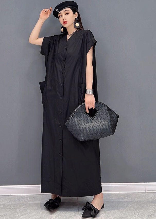 Modern Black V Neck Button Pockets Cotton Long Shirt Dresses Short Sleeve