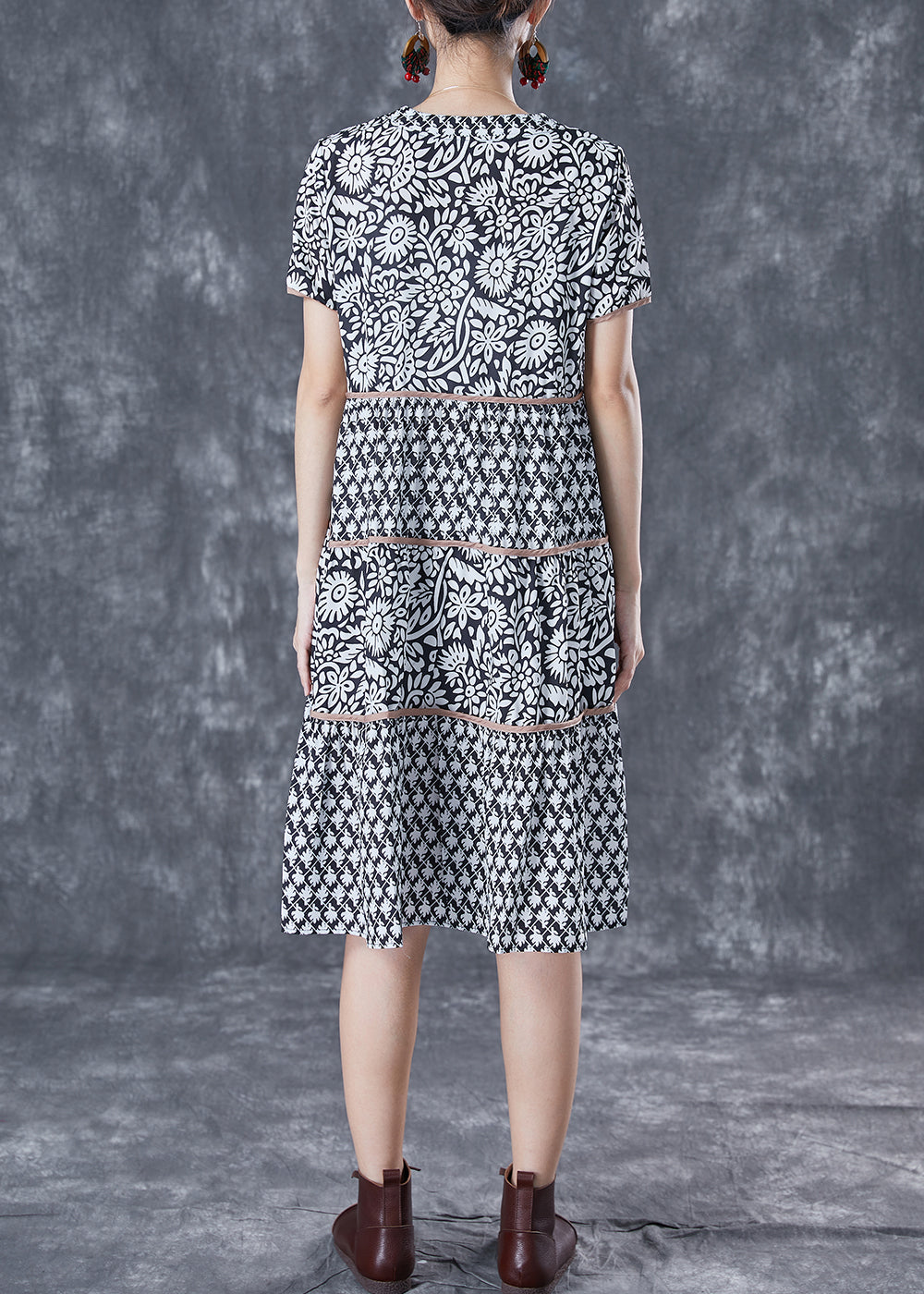 Modern Black V Neck Patchwork Print Cotton a Line Dress Summer