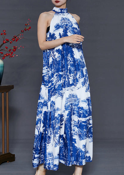 Modern Blue Cold Shoulder Print Cotton a Line Dress Summer