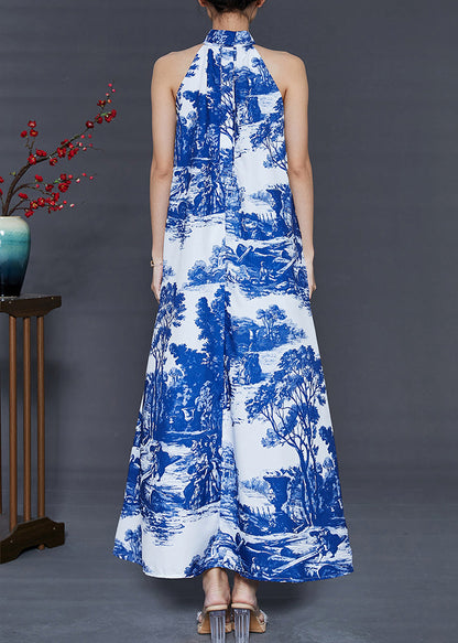 Modern Blue Cold Shoulder Print Cotton a Line Dress Summer