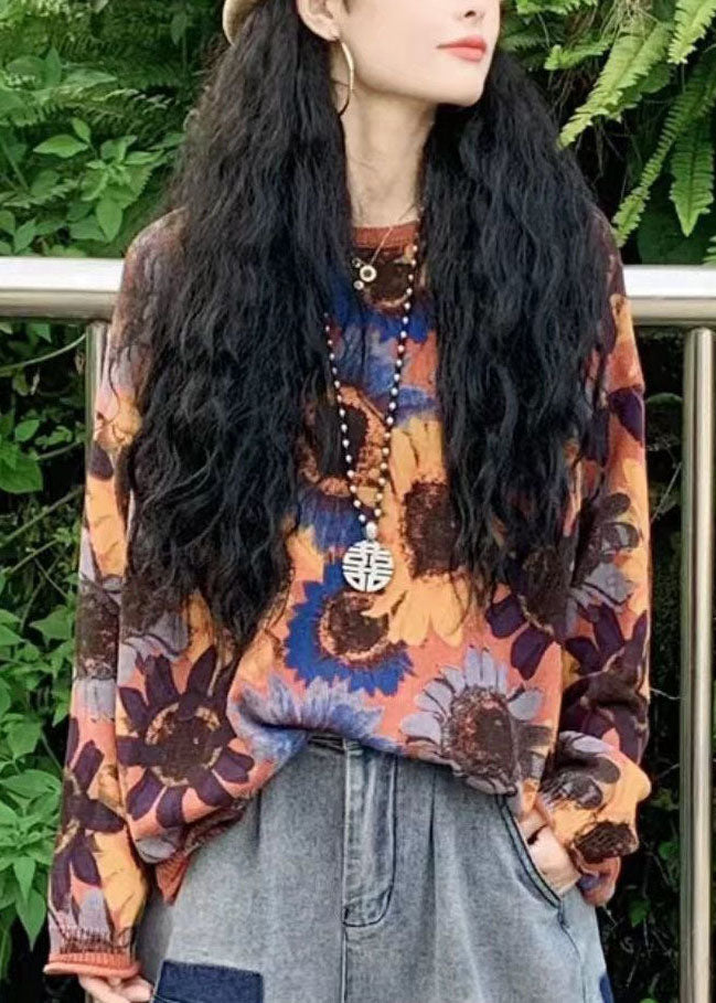 Modern Blue O-neck Sun Flower Print Knit Loose Sweater Tops Winter