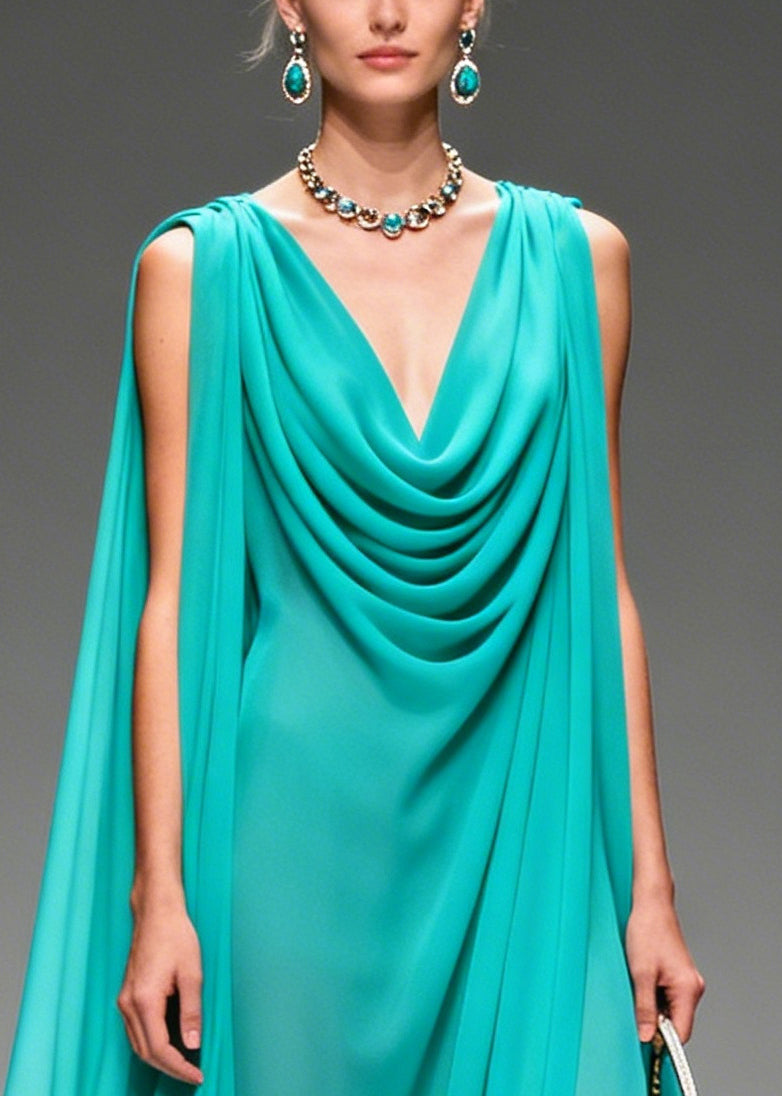 Modern Blue Oversized Wrinkled Flower Chiffon Long Dress Summer