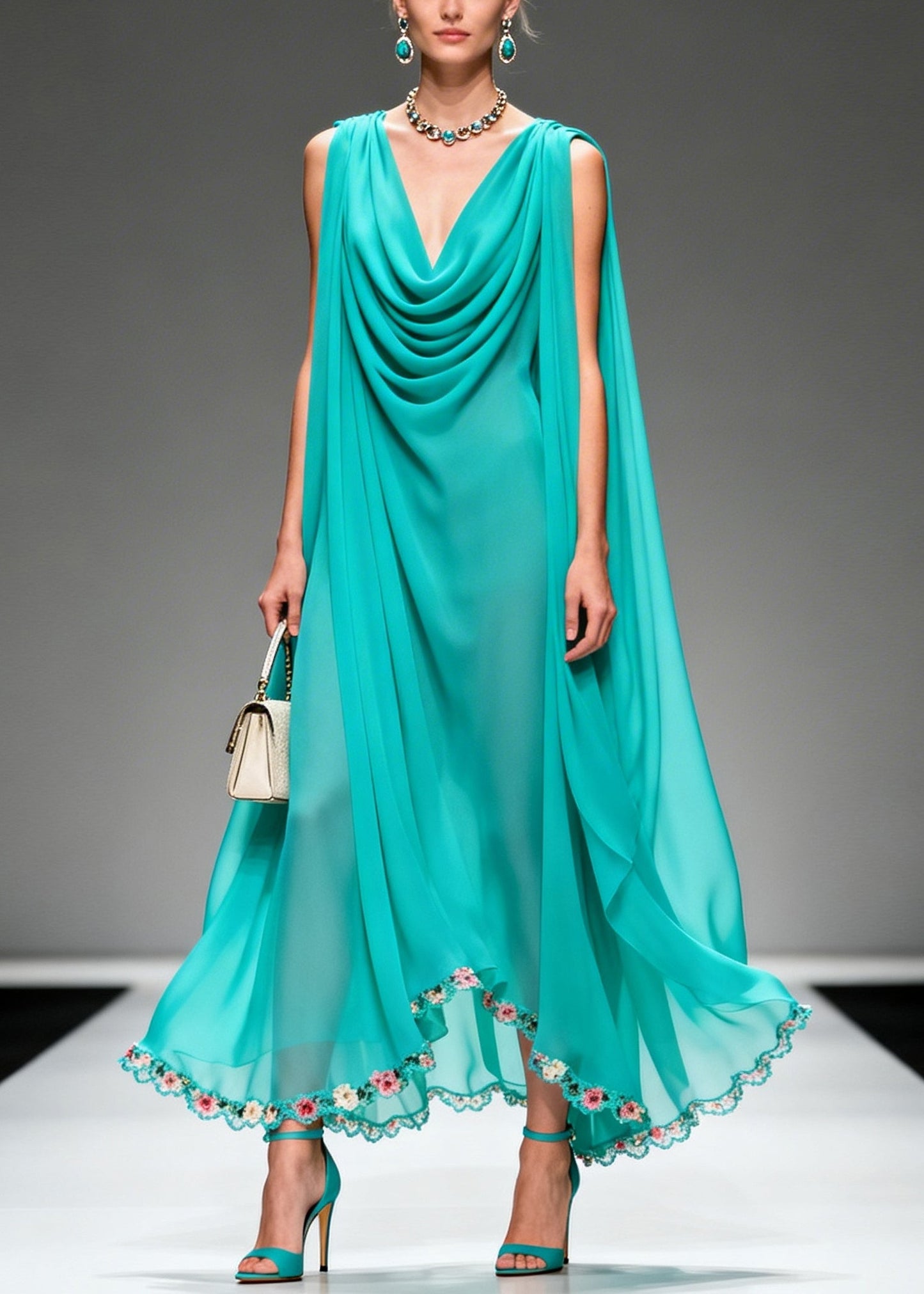 Modern Blue Oversized Wrinkled Flower Chiffon Long Dress Summer