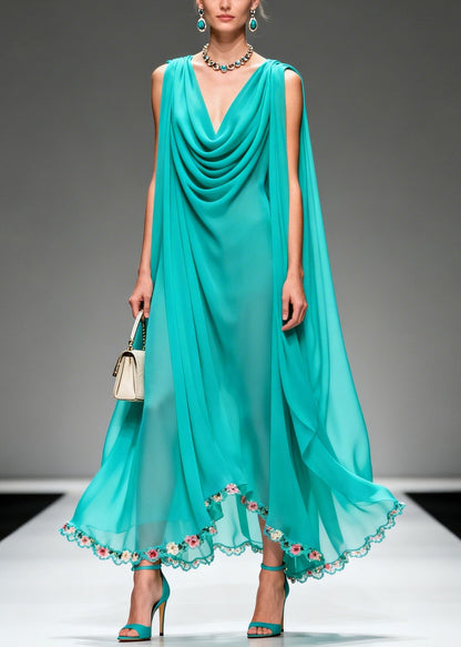 Modern Blue Oversized Wrinkled Flower Chiffon Long Dress Summer