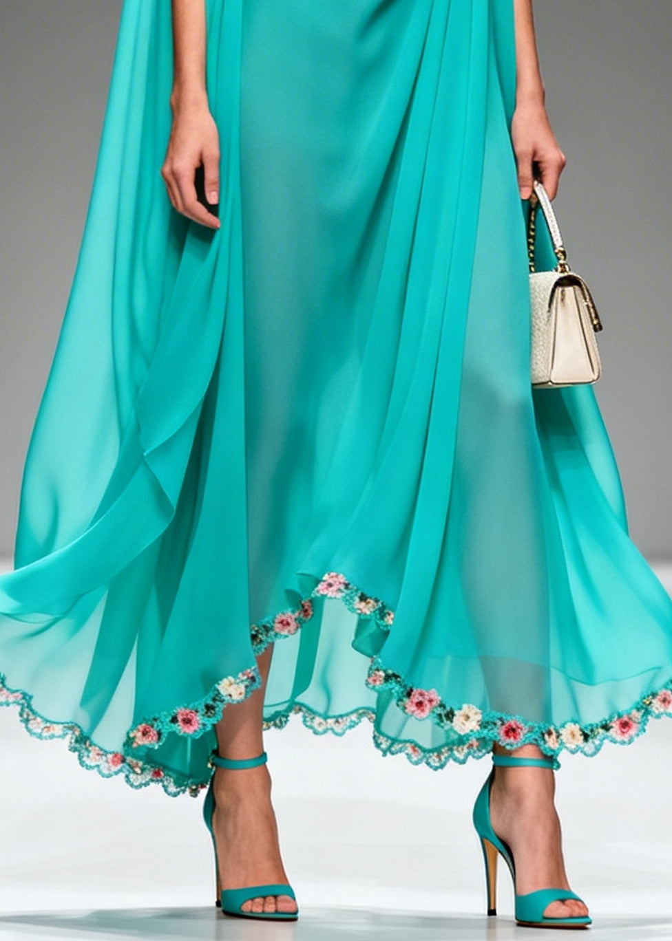 Modern Blue Oversized Wrinkled Flower Chiffon Long Dress Summer