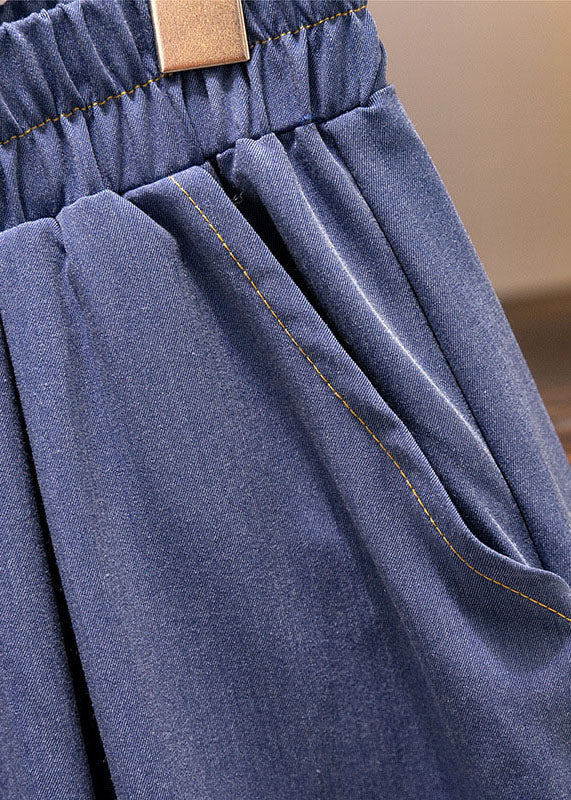 Modern Blue Pockets Elastic Waist Patchwork a Iine Skirts Summer