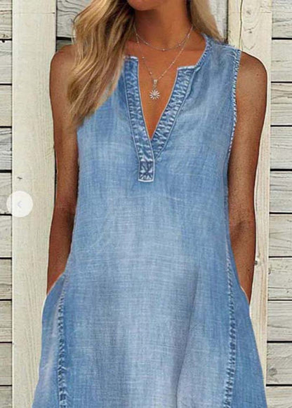 Modern Blue V Neck Washed Denim a Line Dress Sleeveless