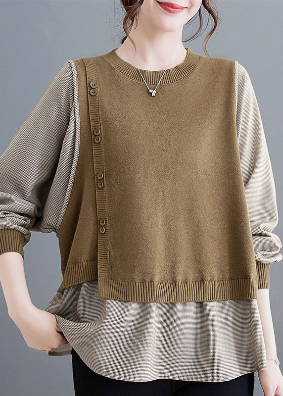 Modern Camel O-neck Knit Patchwork Top Fall