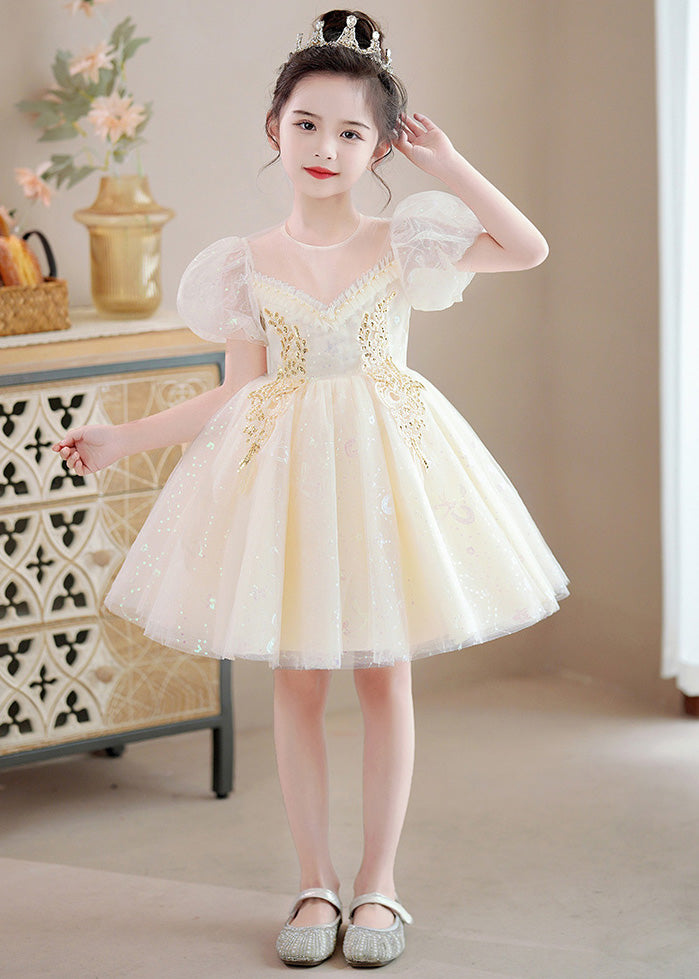 Modern Champagne O-neck Sequins Patchwork Nail Bead Tulle Mid Dresses Summer