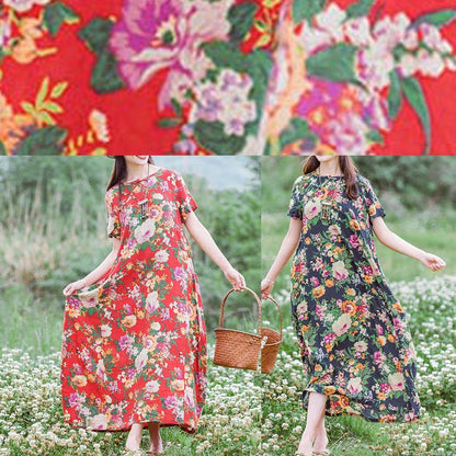 Modern Chinese Button Summer Clothes Tutorials Red Print Traveling Dresses