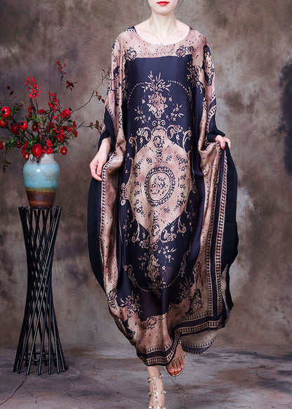 Modern Chocolate O-neck Print Silk Long Dress Gown Batwing Sleeve