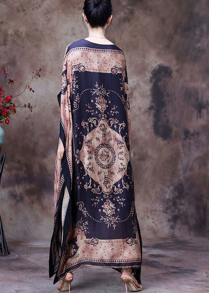 Modern Chocolate O-neck Print Silk Long Dress Gown Batwing Sleeve