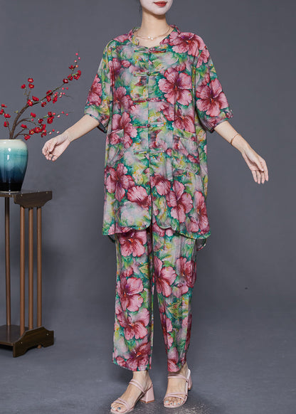 Modern Green Print Chinese Button Linen Two Pieces Set Summer