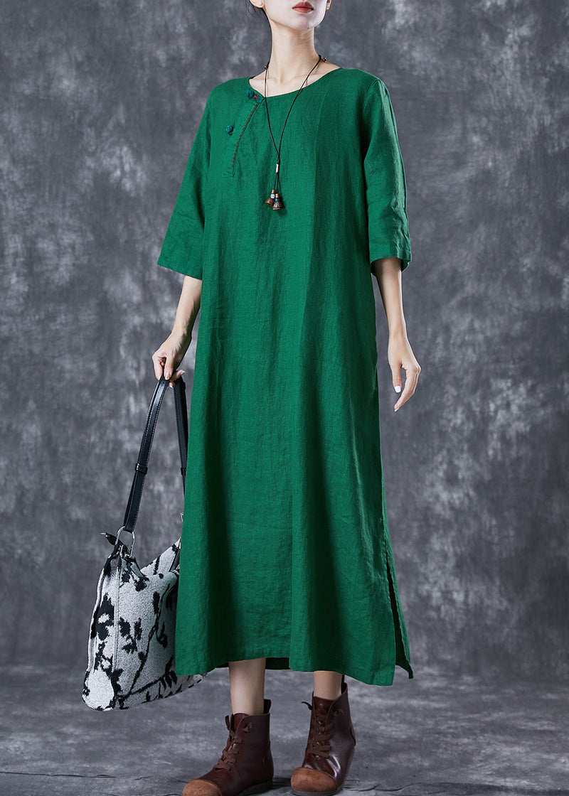 Modern Green O-neck Chinese Button Linen a Line Dress Summer