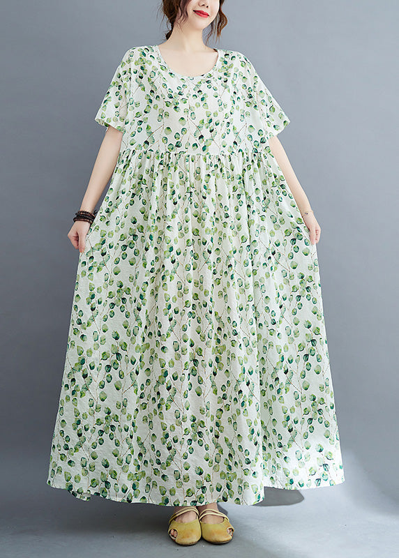 Modern Green O-neck Print Wrinkled Holiday Maxi Dress Summer