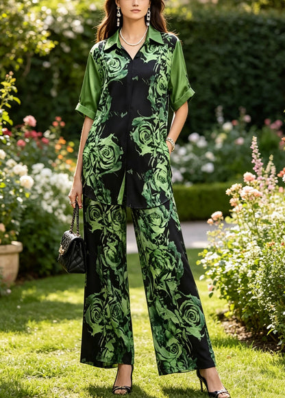 Modern Green Peter Pan Collar Print Silk Shirts and Wide Leg Pants Two Pieces Set Summer
