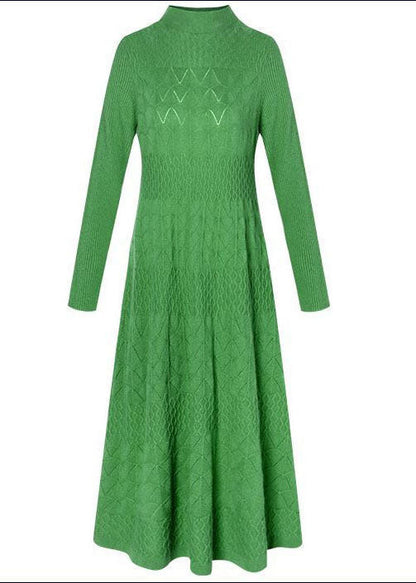 Modern Green Stand Collar Jacquard Color Knitted Long Dress Long Sleeve