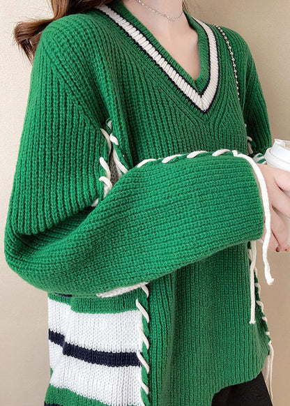 Modern Green V Neck Asymmetrical Design Knit Winter Sweaters