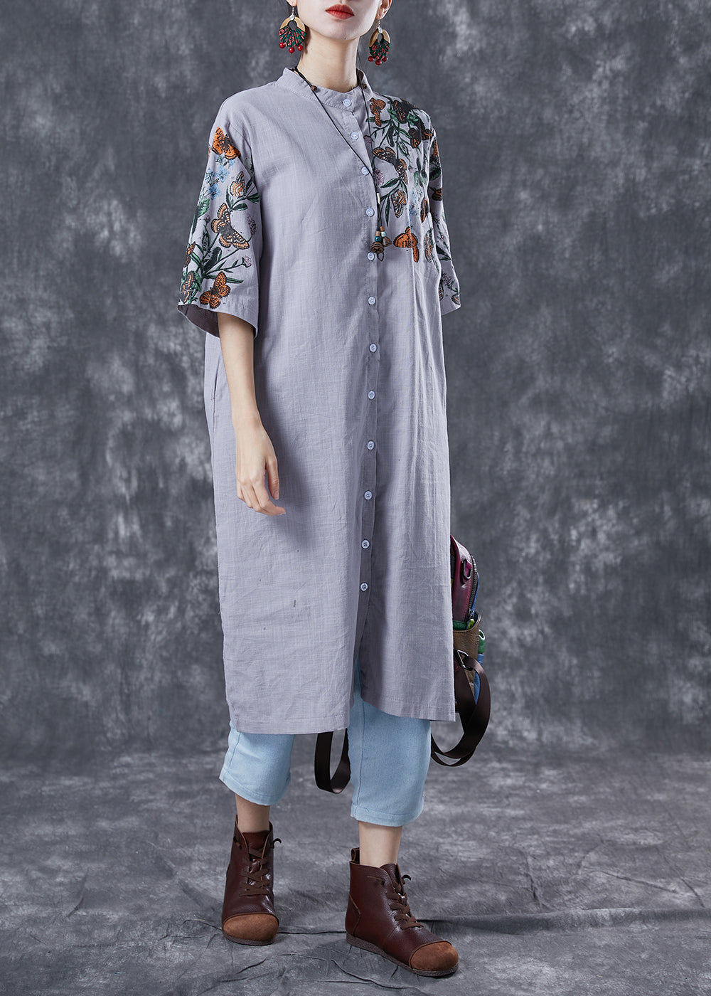 Modern Grey Stand Collar Print Linen Long Dress Summer