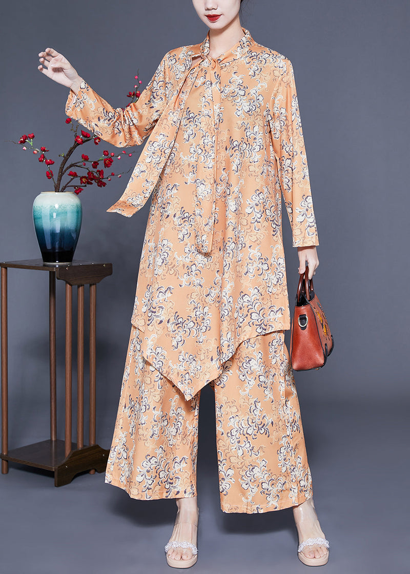 Modern Khaki Bow Asymmetrical Design Print Silk Two Piece Set Clothing Spring