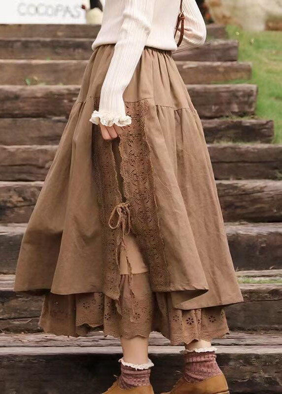 Modern Khaki Lace Patchwork Skirts Spring